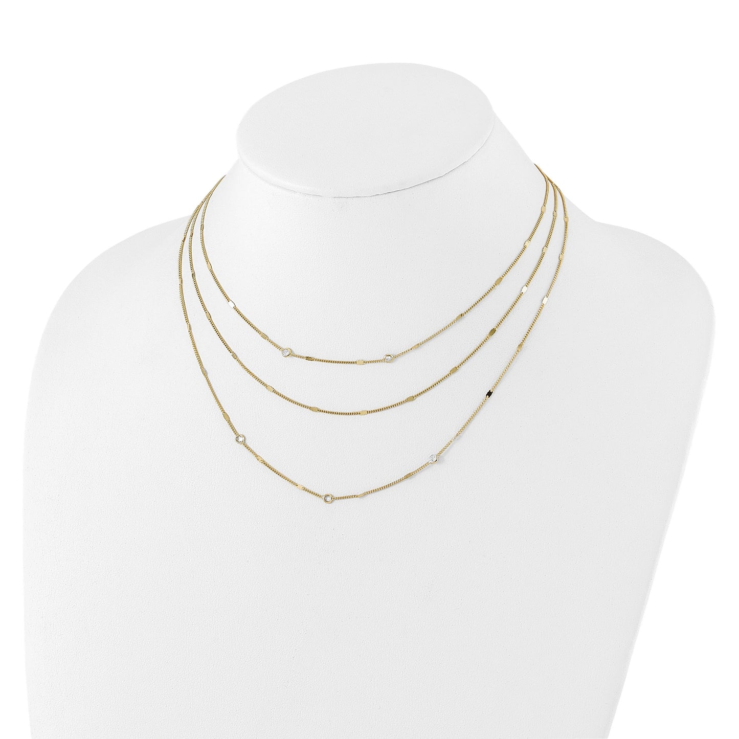 Round White Cubic Zirconia Sterling Silver Gold-Tone Layered Cable Chain Necklace