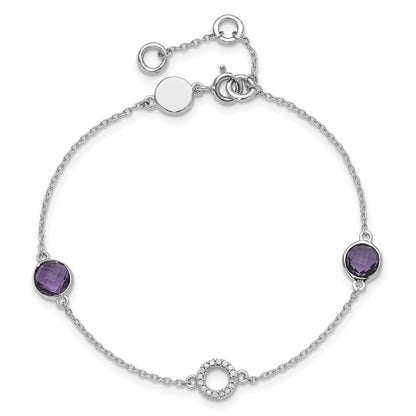 1.55 Ct Round Purple Amethyst & Diamond Bezel Sterling Silver Circle Station Chain Bracelet