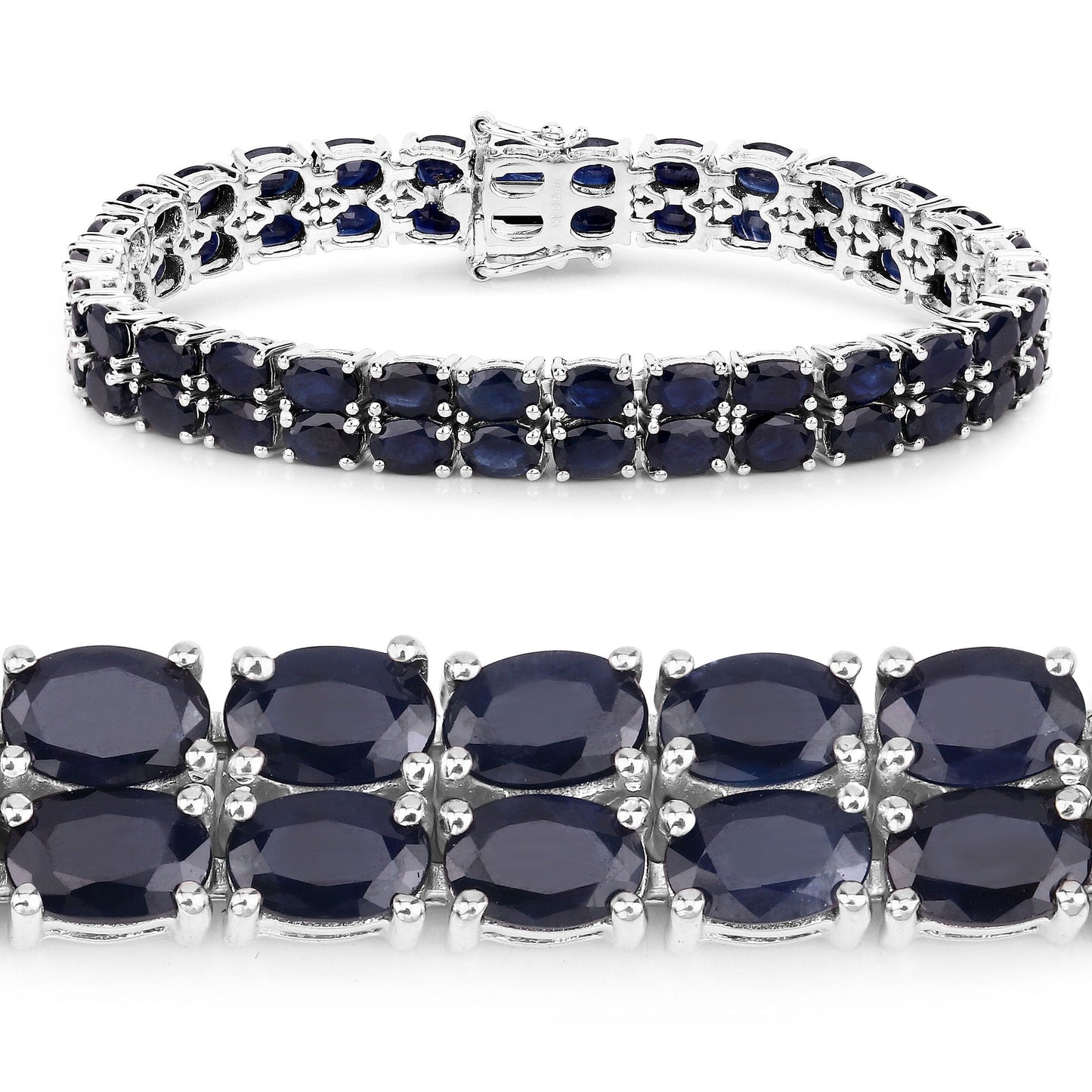 28.80 Cttw Oval Blue Sapphire Prong Sterling Silver Two Row Tennis Bracelet