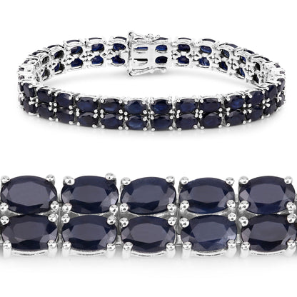 28.80 Cttw Oval Blue Sapphire Prong Sterling Silver Two Row Tennis Bracelet
