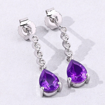 2 Ct Pear Purple Amethyst & Lab Diamond Prong Silver Teardrop Dangle Earrings