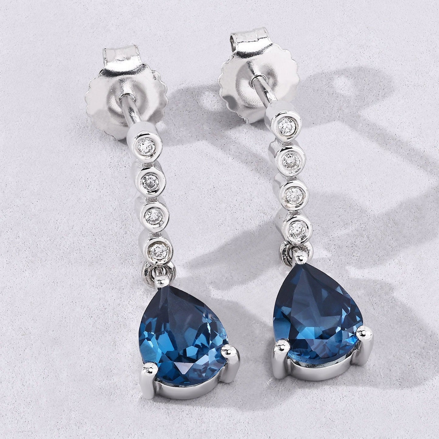 2.30 Ct Pear Deep Blue London Blue Topaz & Lab Diamond Prong Silver Teardrop Dangle Earrings