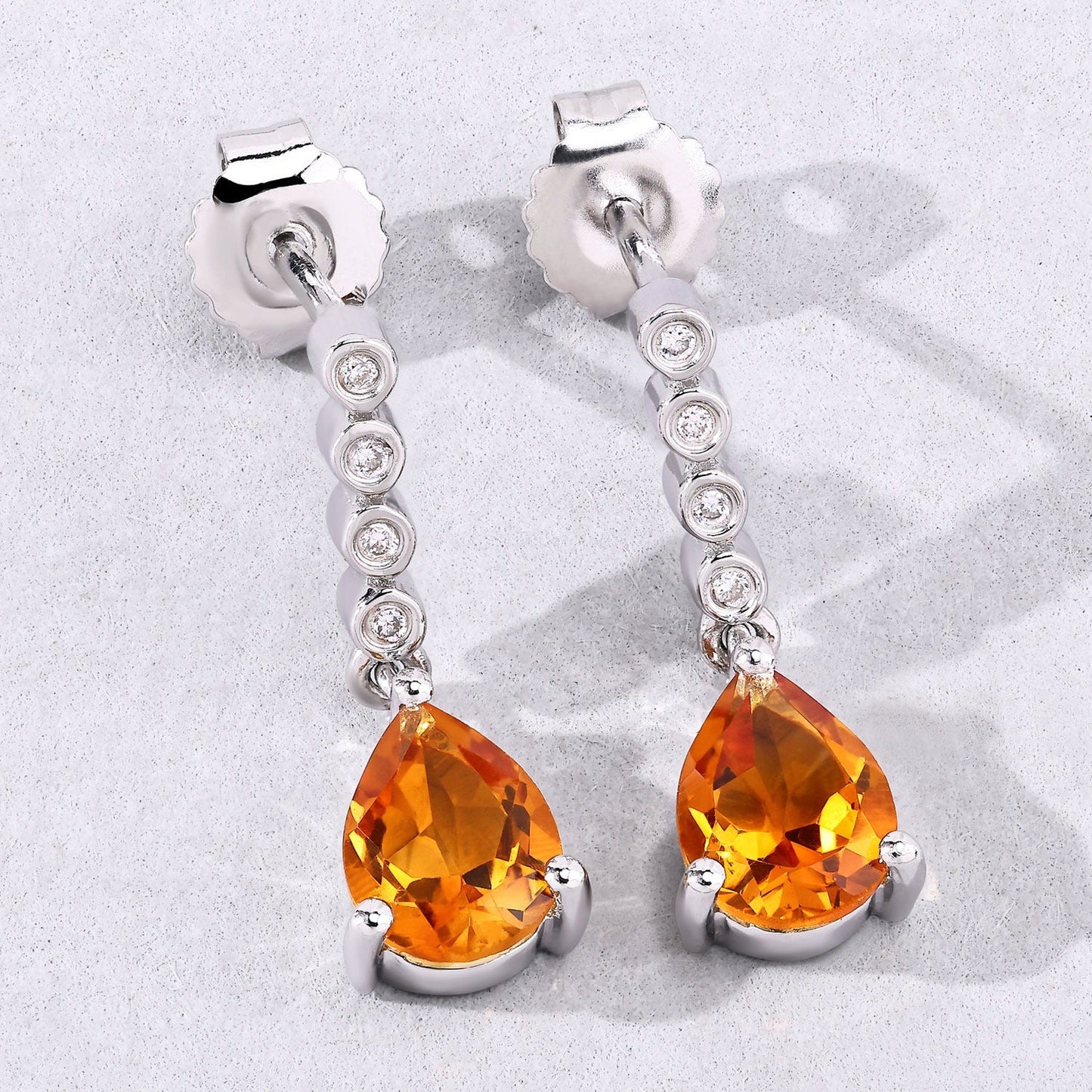 1.80 Ct Pear Golden Yellow Madeira Citrine & Lab Diamond Prong Silver Teardrop Dangle Earrings