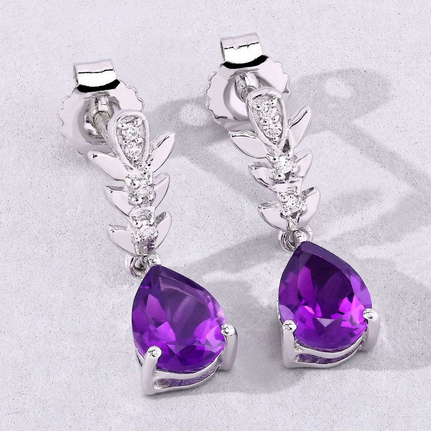 2 Ct Pear Purple Amethyst & Lab Diamond Prong Silver Teardrop Dangle Earrings