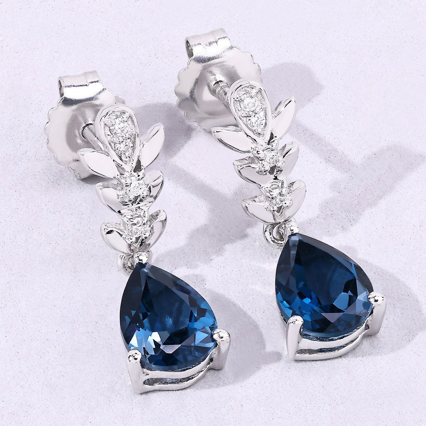 2.30 Ct Pear Deep Blue London Blue Topaz & Lab Diamond Prong Silver Teardrop Dangle Earrings
