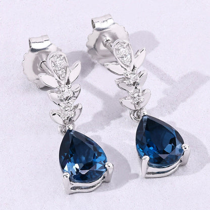 2.30 Ct Pear Deep Blue London Blue Topaz & Lab Diamond Prong Silver Teardrop Dangle Earrings