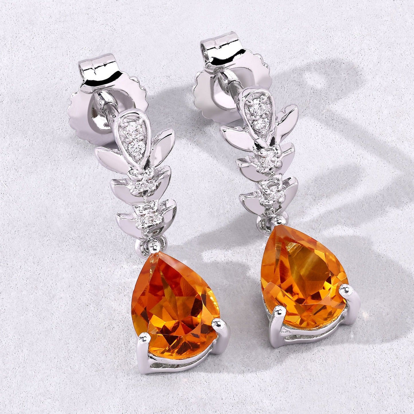 1.80 Ct Pear Yellow Madeira Citrine & Lab Diamond Prong Silver Teardrop Dangle Earrings