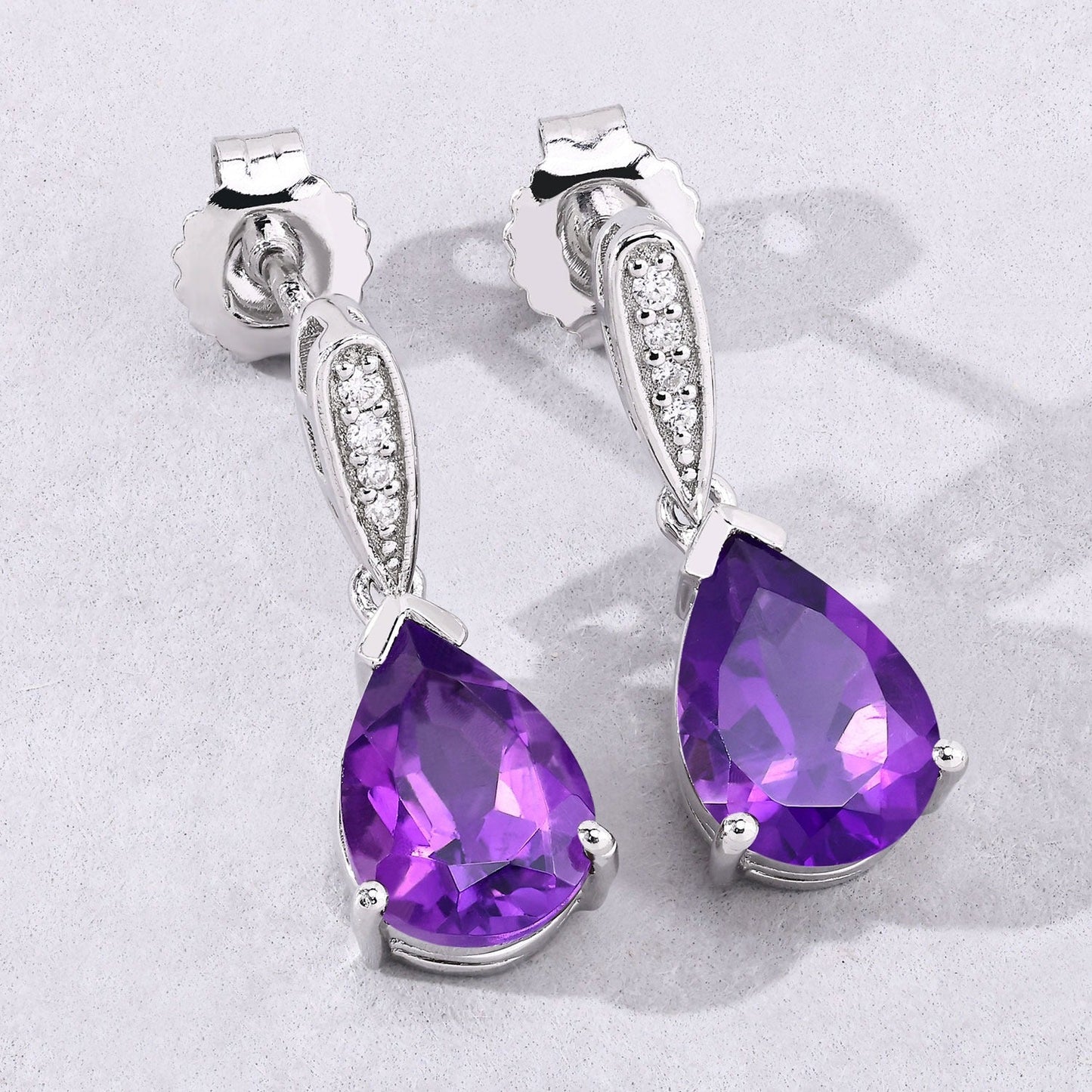 2.70 Ct Pear Purple Amethyst & Lab Diamond V-Prong Silver Teardrop Dangle Earrings