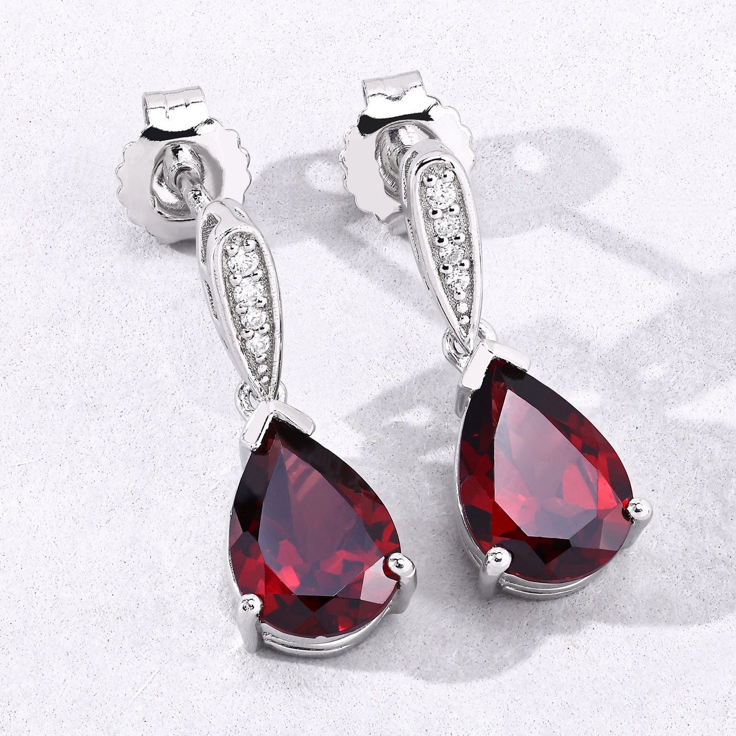 3.80 Ct Pear Red Mozambique Garnet & Lab Diamond V-Prong Silver Teardrop Dangle Earrings