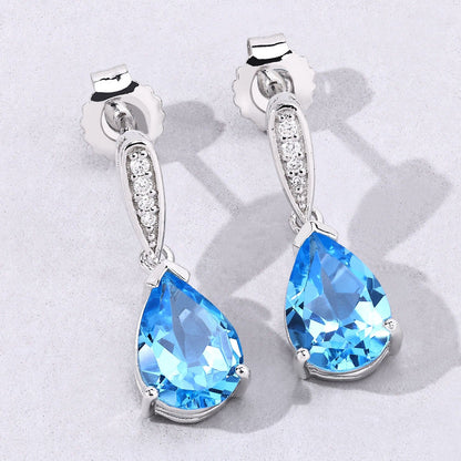 3.80 Ct Pear Swiss Blue Topaz & Lab Diamond V-Prong Silver Teardrop Dangle Earrings