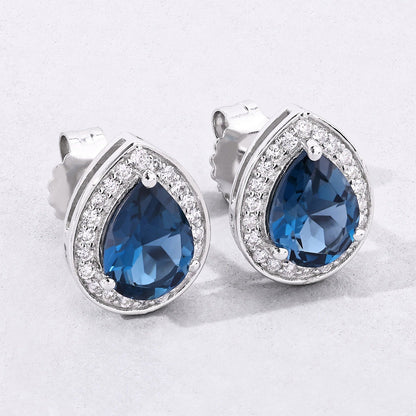 2.30 Ct Pear London Blue Topaz & Lab Diamond Prong Silver Halo Stud Earrings
