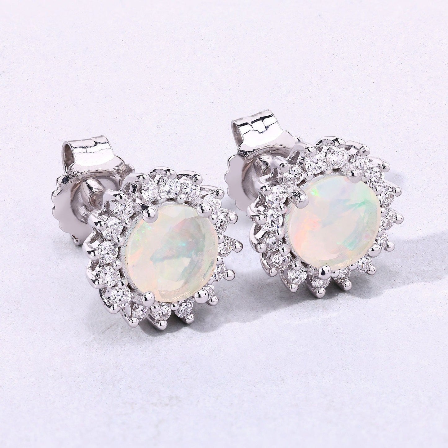 1.00 Ct Round White Ethiopian Opal & Lab Diamond Prong Silver Halo Stud Earrings