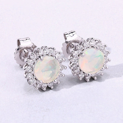 1.00 Ct Round White Ethiopian Opal & Lab Diamond Prong Silver Halo Stud Earrings