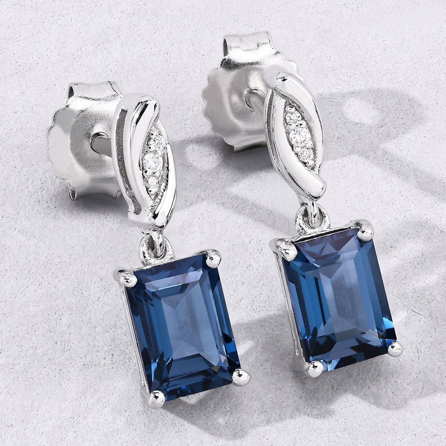 2.14 Ct Octagon London Blue Topaz & Lab Diamond Prong Silver Dangle Earrings