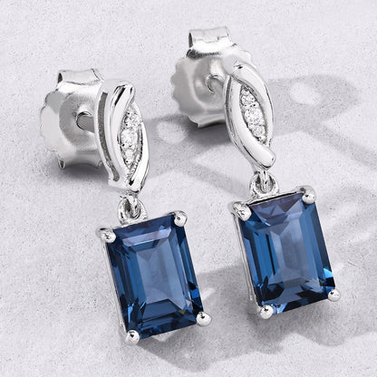 2.14 Ct Octagon London Blue Topaz & Lab Diamond Prong Silver Dangle Earrings