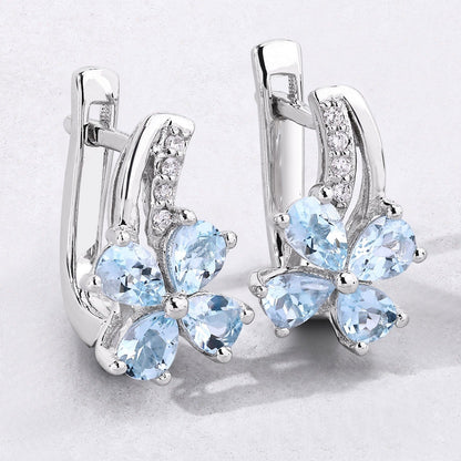 0.96 Ct Pear Blue Aquamarine & Lab Diamond Prong Silver Flower Drop Earrings