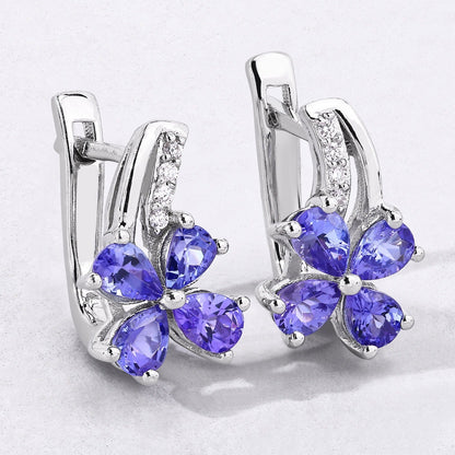 1.12 Ct Pear Violet Tanzanite & Lab Diamond Prong Silver Flower Drop Earrings