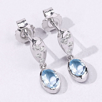 0.80 Ct Oval Blue Aquamarine & Lab Diamond Bezel Silver Dangle Earrings