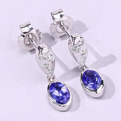 0.88 Ct Oval Violet Tanzanite & Lab Diamond Bezel Silver Dangle Earrings