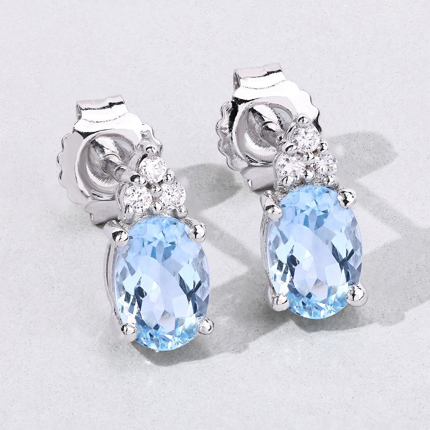 1.20 Ct Oval Blue Aquamarine & Lab Diamond Prong Silver Stud Earrings