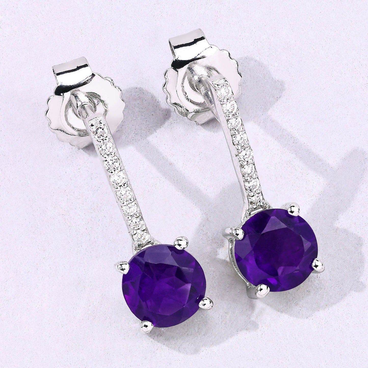 1.46 Ct Round Purple Amethyst & Lab Diamond Prong Silver Dangle Earrings