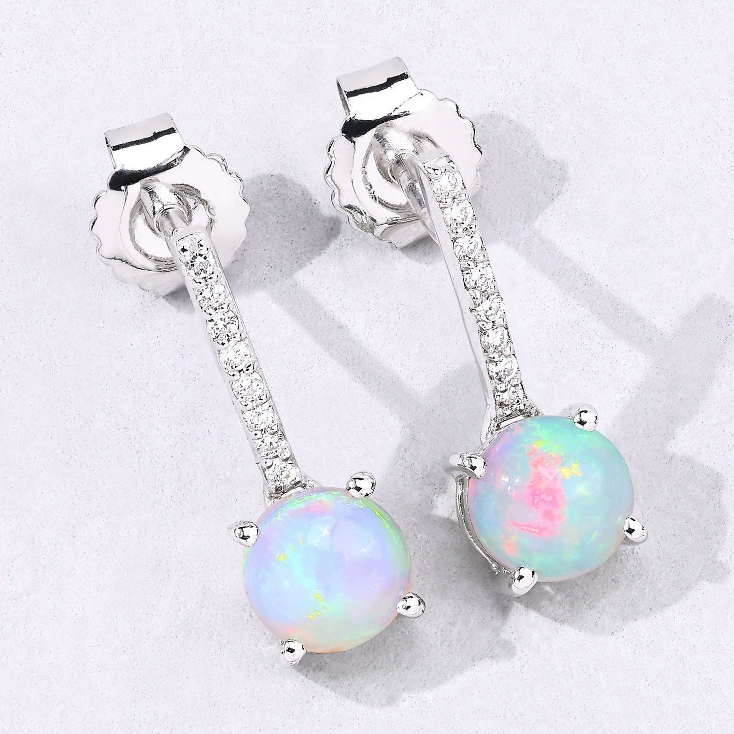 1.00 Ct Round White Ethiopian Opal & Lab Diamond Prong Silver Dangle Earrings