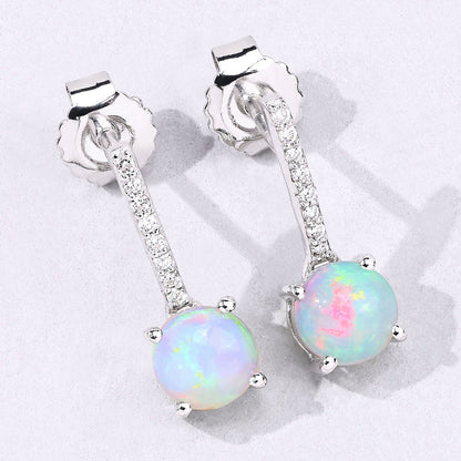 1.00 Ct Round White Ethiopian Opal & Lab Diamond Prong Silver Dangle Earrings