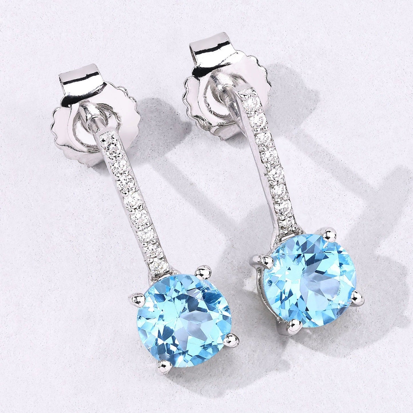 2.10 Ct Round Swiss Blue Topaz & Lab Diamond Prong Silver Dangle Earrings