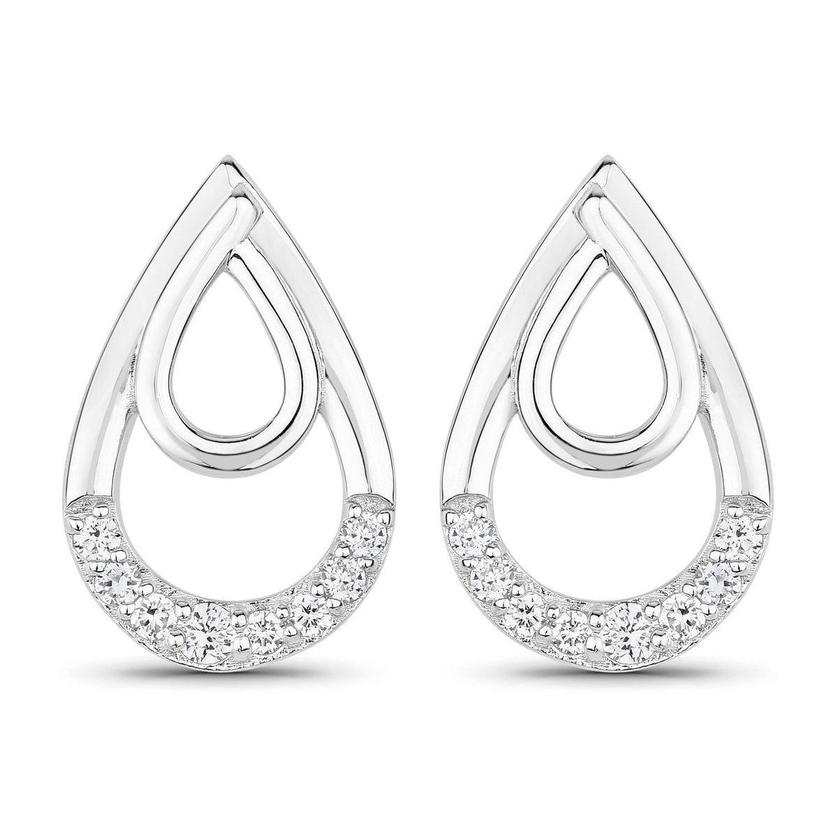 0.33 Cttw Round White Lab Diamond Pavé Rhodium Plated Silver Double Teardrop Stud Earrings
