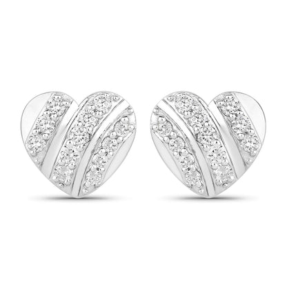 0.50 Cttw Round White Lab Diamond Pavé Rhodium Plated Silver Striped Heart Stud Earrings