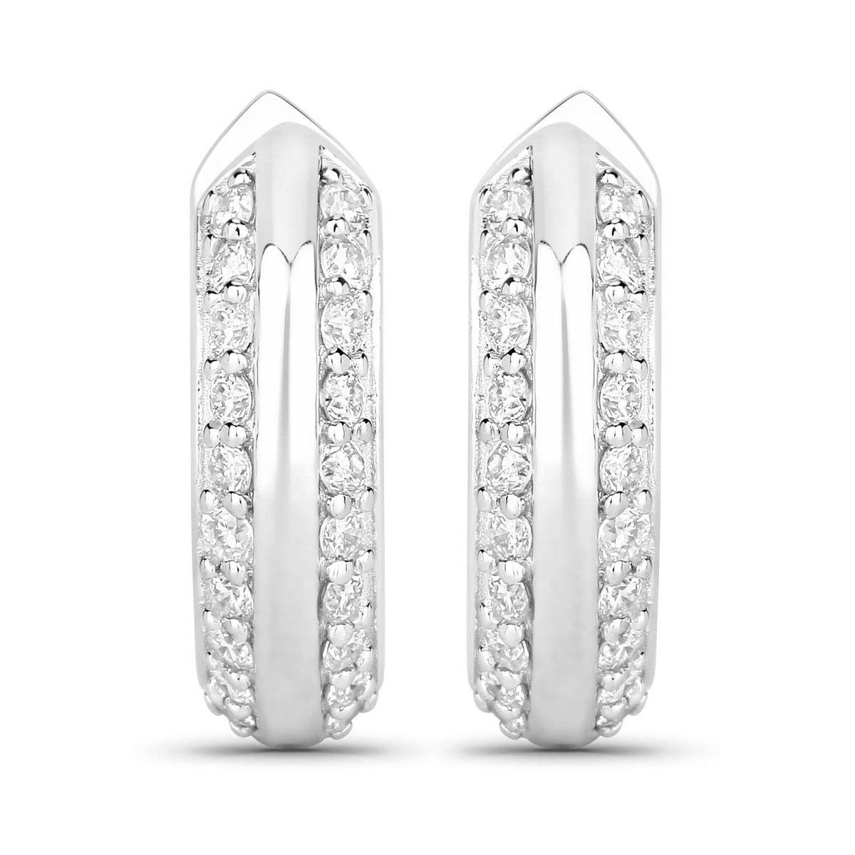 1.00 Cttw Round White Lab Diamond Pavé Rhodium Plated Silver Double Row Huggie Hoop Earrings