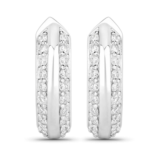 1.00 Cttw Round White Lab Diamond Pavé Rhodium Plated Silver Double Row Huggie Hoop Earrings