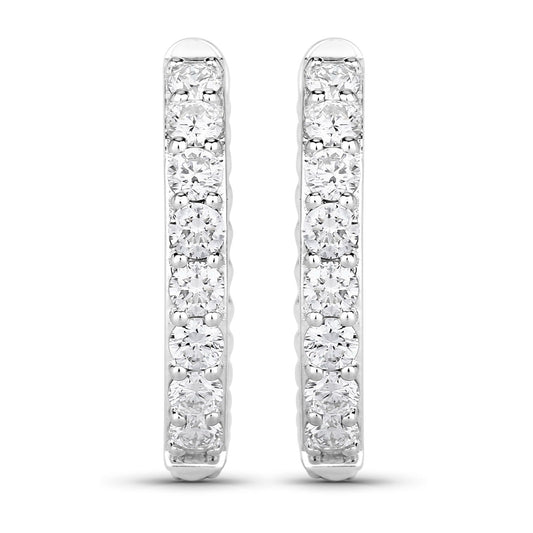1.00 Cttw Round White Lab Diamond Shared Prong Rhodium Plated Silver Huggie Hoop Clip On Earrings