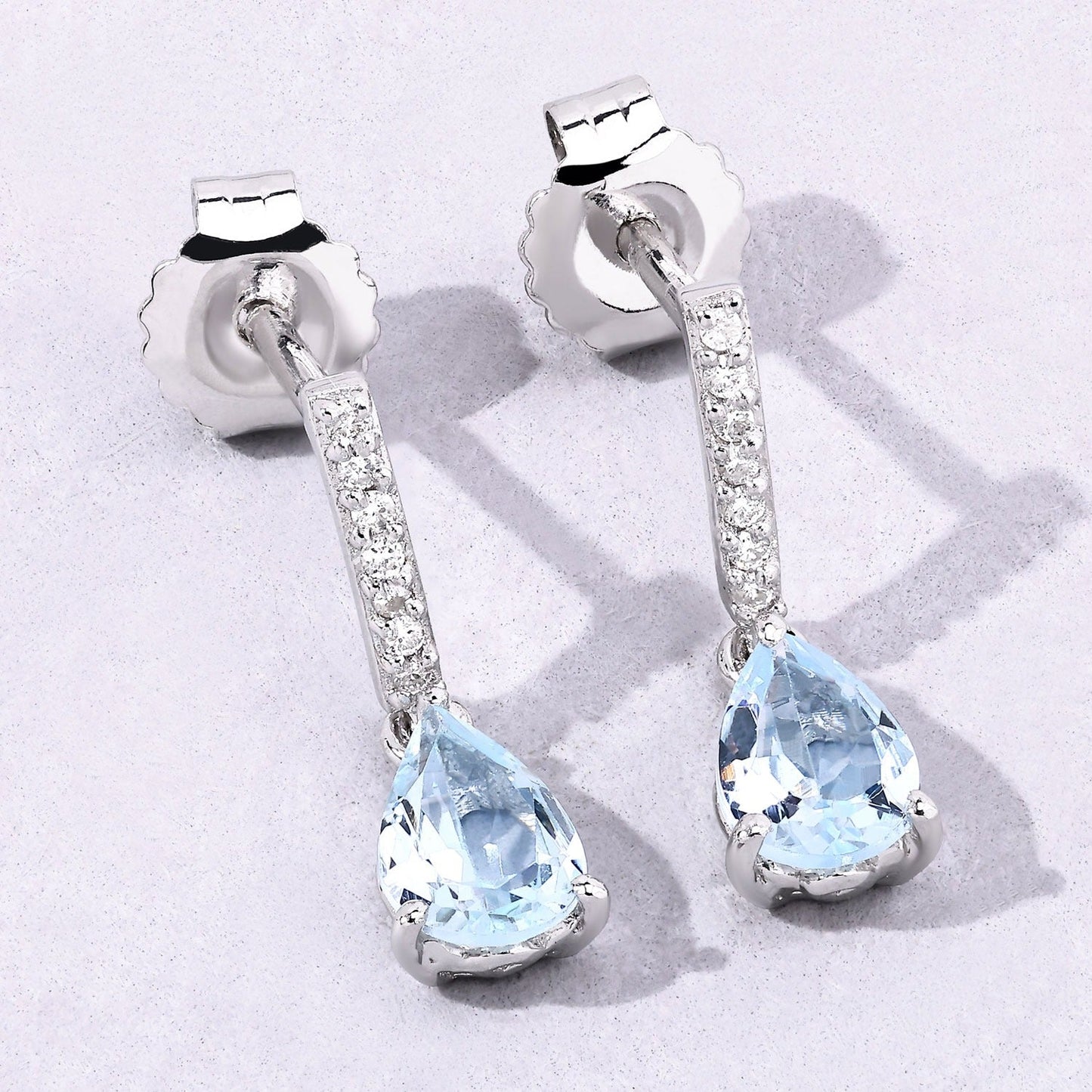 1.20 Ct Pear Blue Aquamarine & Lab Diamond Prong Silver Teardrop Dangle Earrings