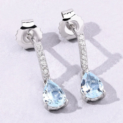 1.20 Ct Pear Blue Aquamarine & Lab Diamond Prong Silver Teardrop Dangle Earrings