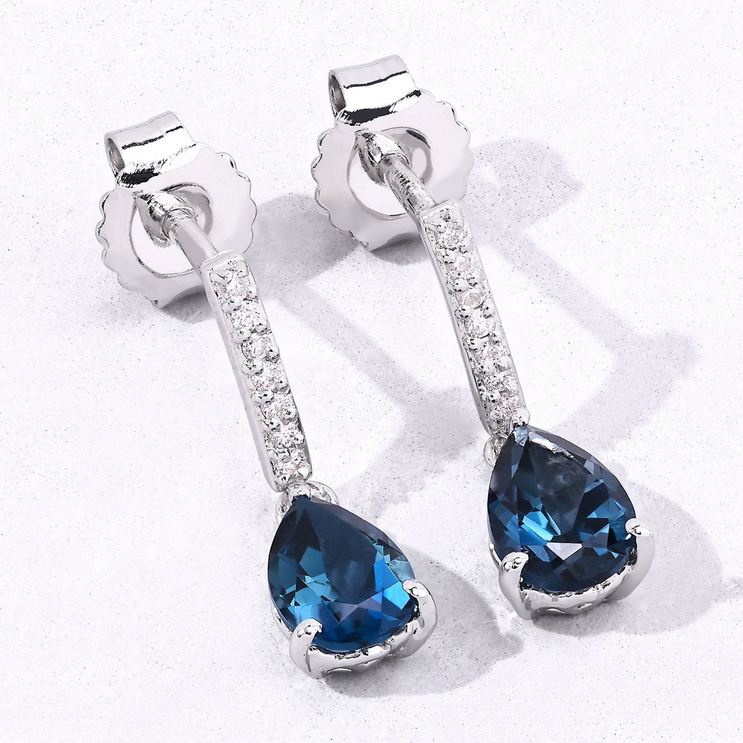 1.70 Ct Pear London Blue Topaz & Lab Diamond Prong Silver Teardrop Dangle Earrings