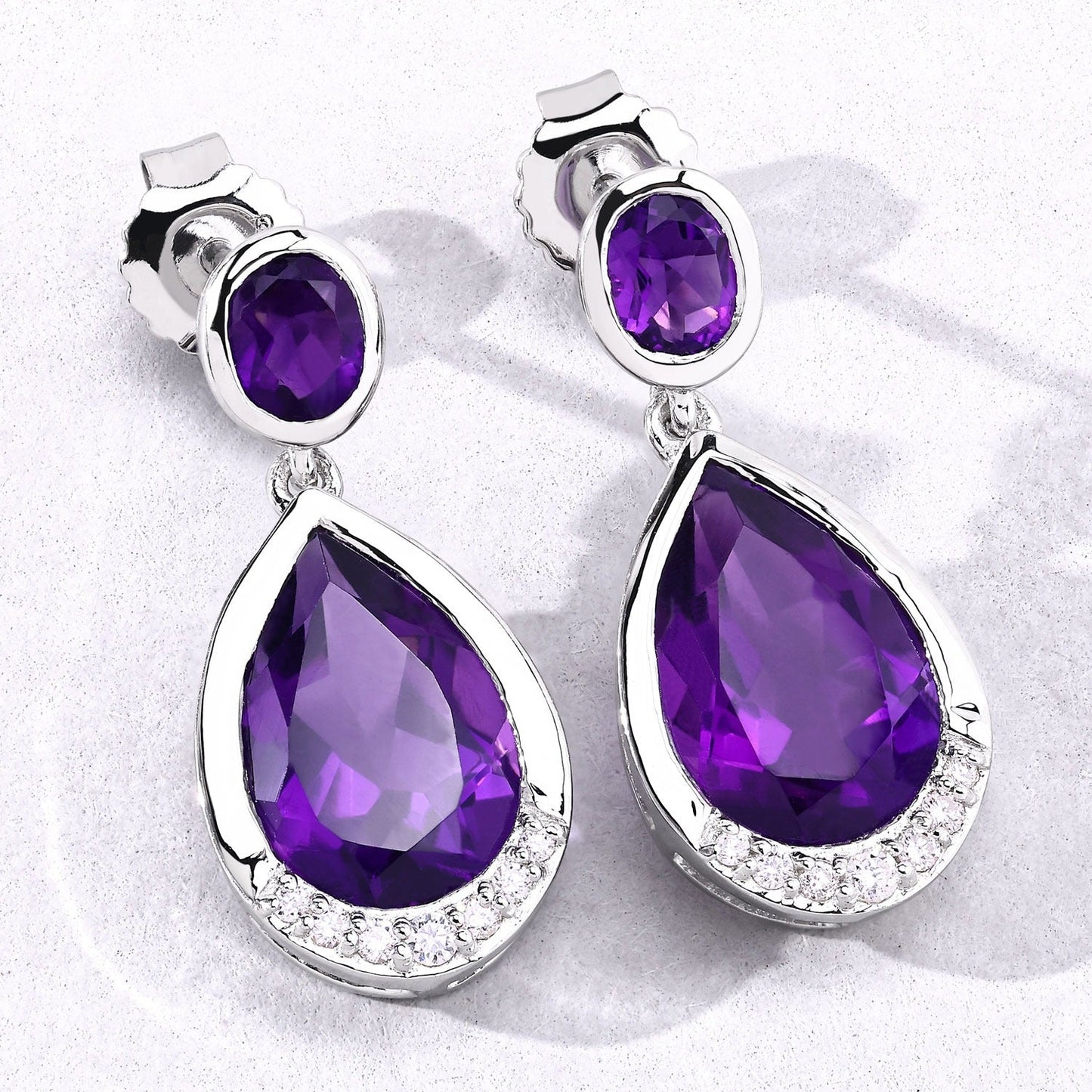 Purple Amethyst & Lab Grown Diamond Bezel Silver Dangle Earrings