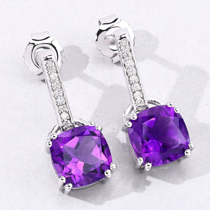 3.60 Ct Cushion Purple Amethyst & Lab Diamond Prong Silver Dangle Earrings