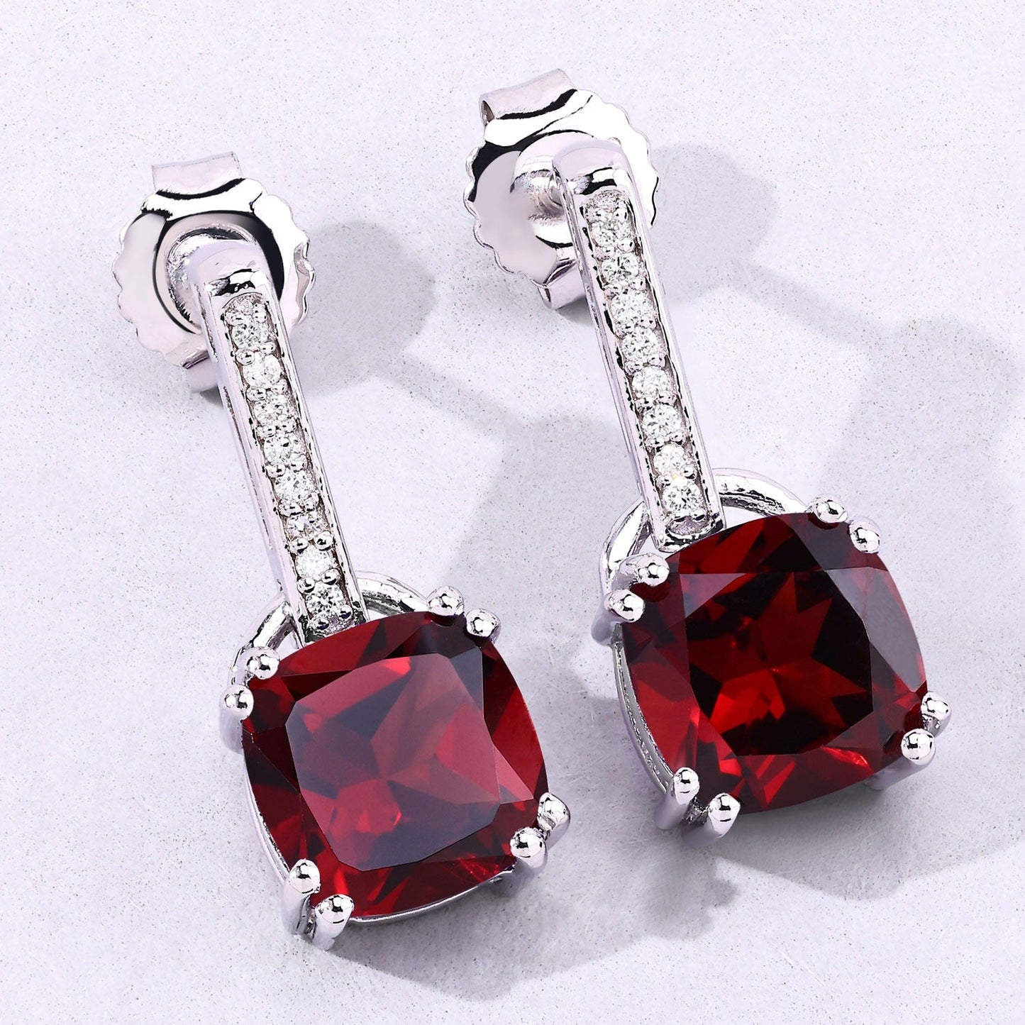 4.70 Ct Cushion Deep Red Mozambique Garnet & Lab Diamond Prong Silver Dangle Earrings