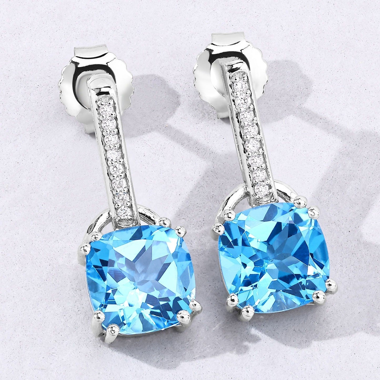 4.60 Ct Cushion Swiss Blue Topaz & Lab Diamond Prong Silver Dangle Earrings