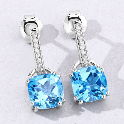 4.60 Ct Cushion Swiss Blue Topaz & Lab Diamond Prong Silver Dangle Earrings