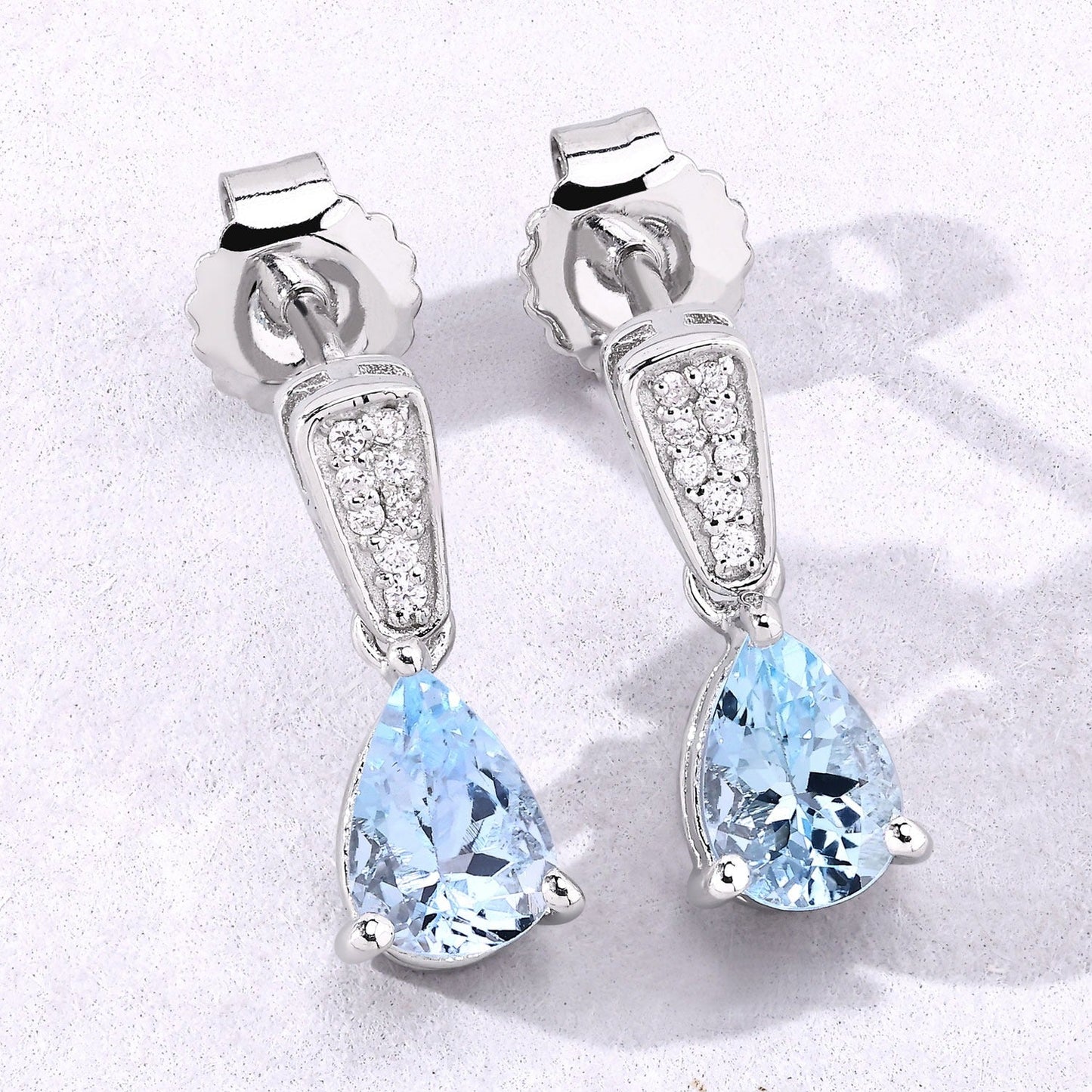 1.20 Ct Pear Blue Aquamarine & Lab Diamond Prong Silver Teardrop Dangle Earrings