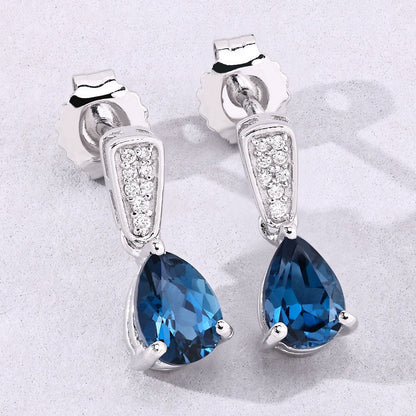 1.70 Ct Pear Deep Blue London Blue Topaz & Diamond Prong Silver Teardrop Dangle Earrings