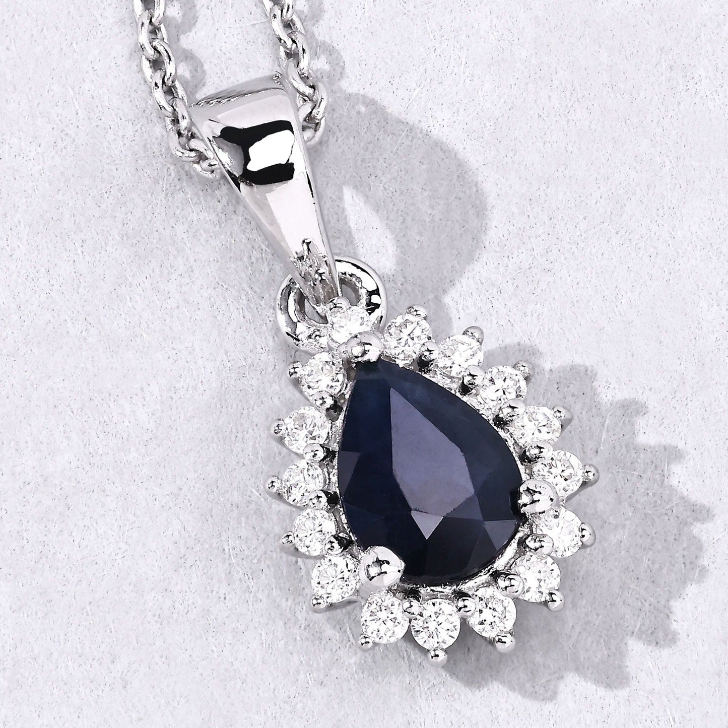 0.80 Ct Pear Blue Sapphire and Lab Diamond Prong Silver Halo teardrop pendant Necklace