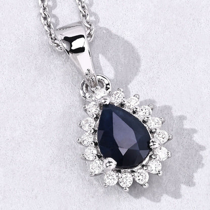 0.80 Ct Pear Blue Sapphire and Lab Diamond Prong Silver Halo teardrop pendant Necklace