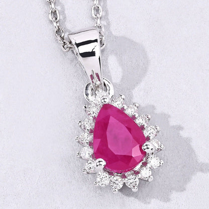 0.80 Ct Pear Pink Ruby and Lab Diamond Prong Silver Halo teardrop pendant Necklace
