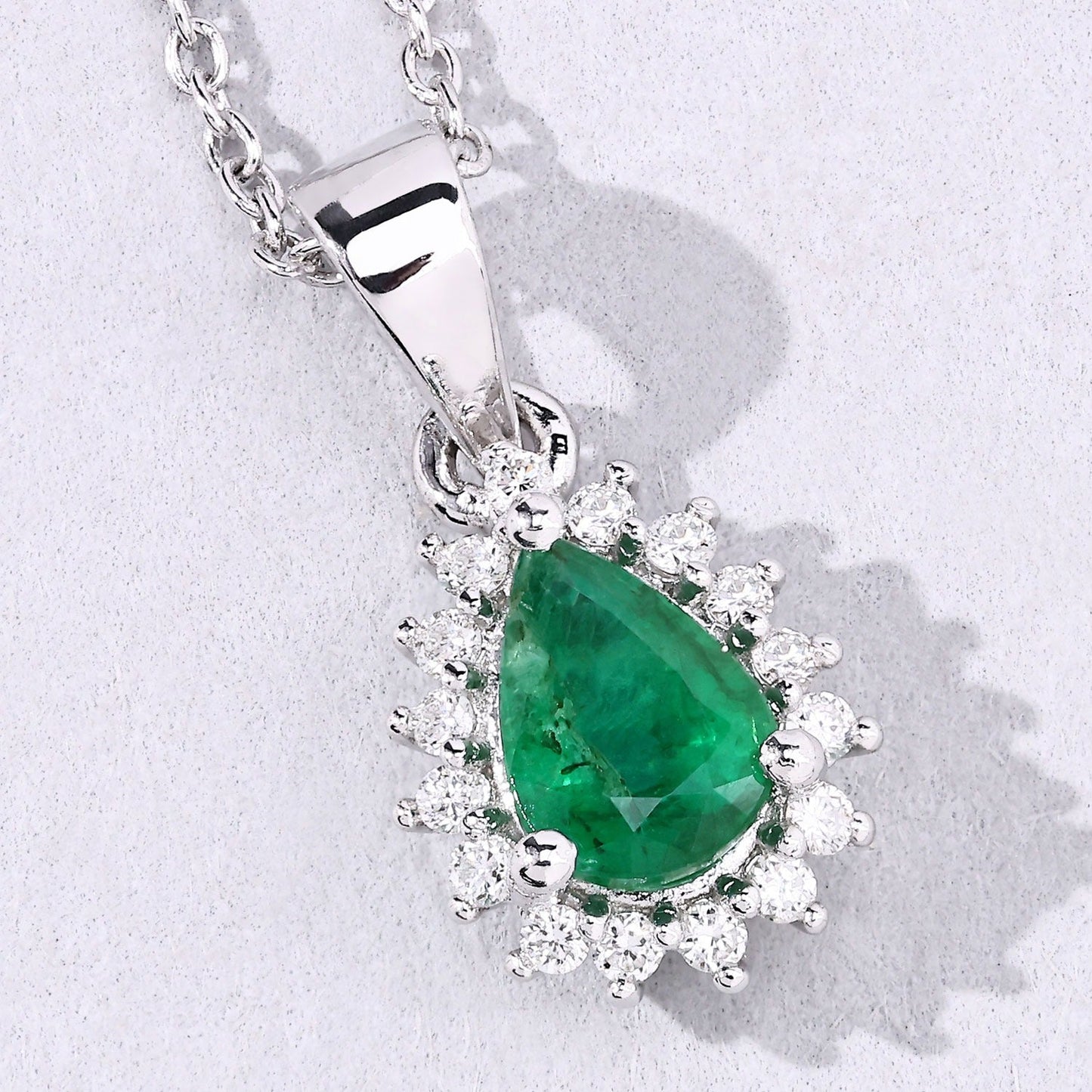0.65 Ct pear Green Zambian Emerald and Lab Diamond Prong Silver Halo teardrop pendant Necklace