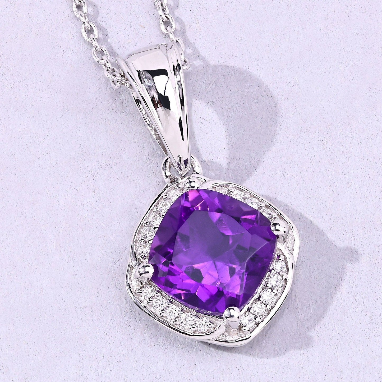 1.80 Ct Cushion Purple Amethyst and Lab Diamond Prong Silver Halo pendant Necklace