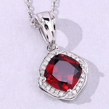 2.35 Ct Cushion Red Garnet and Lab Diamond Prong Silver Halo pendant Necklace