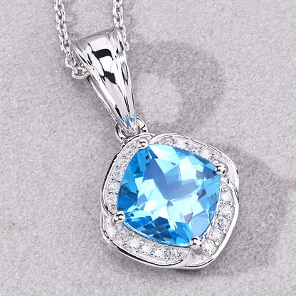 2.30 Ct Cushion Swiss Blue Topaz and Lab Diamond Prong Silver Halo pendant Necklace